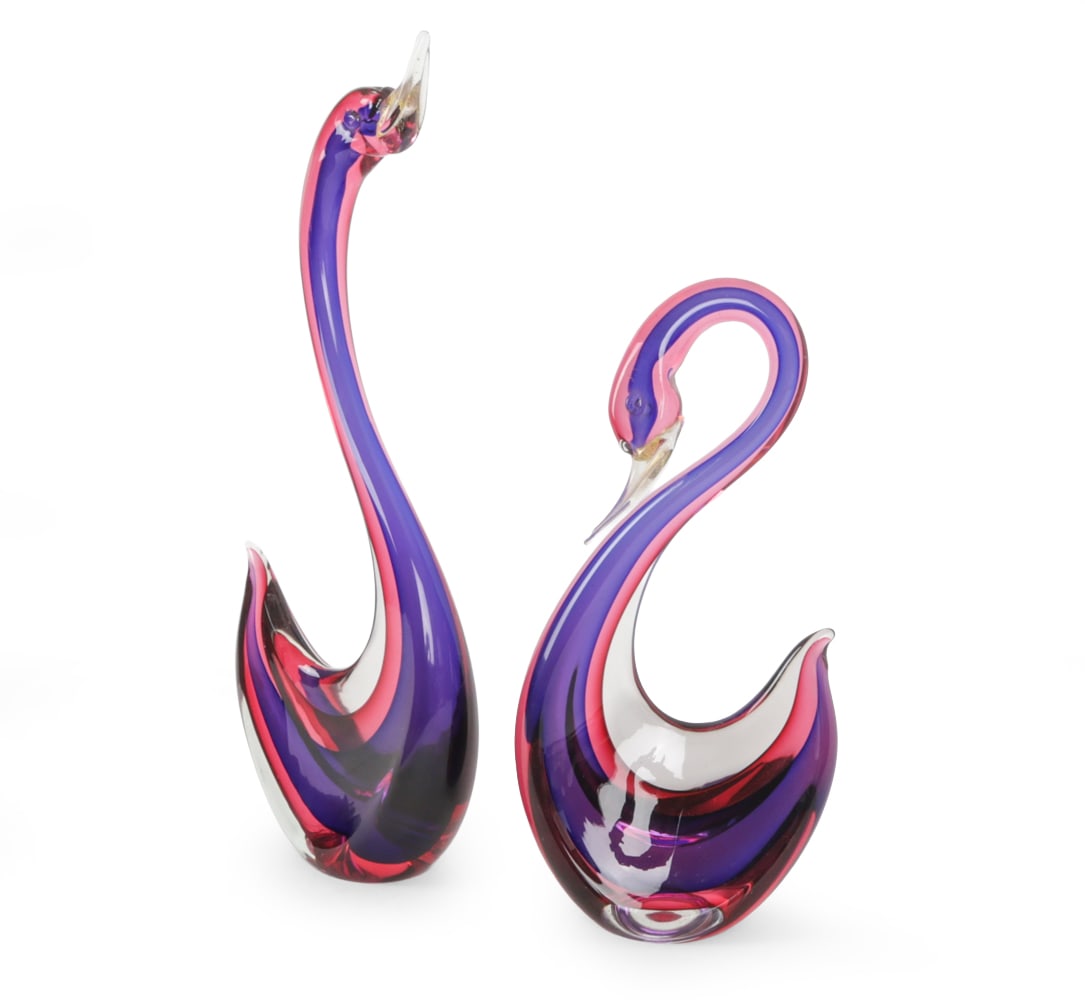 ATTR. FLAVIO POLI PAIR MURANO SOMMERSO GLASS SWANS: Pair of Murano Sommerso glass swan sculptures with multi-layer colored glass. Mid-20th Century. Unsigned. Dimensions: H 18" x W 6.5" x D 3.5" Condition: With light scuffs underneath and handling wear 