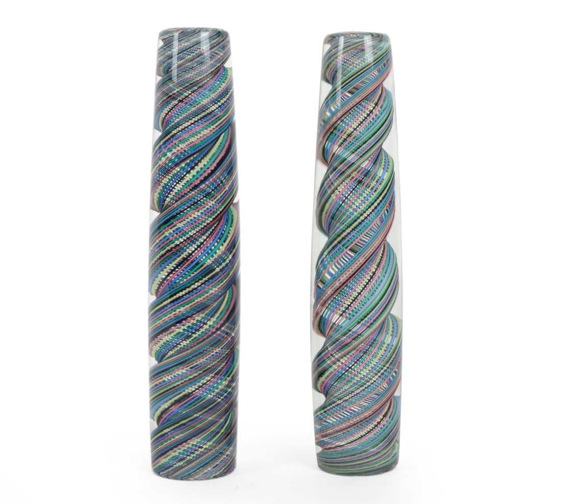 PAIR ATTR. PAOLO VENINI MURANO GLASS OBELISKS: Pair of spiral twist glass obelisks attributed to Paolo Venini "Obelisco" model 4294. Apparently unmarked. Dimensions: H 11.5" x Dia. 2.5" Condition: Scratches to glass. Wear consistent to age and use