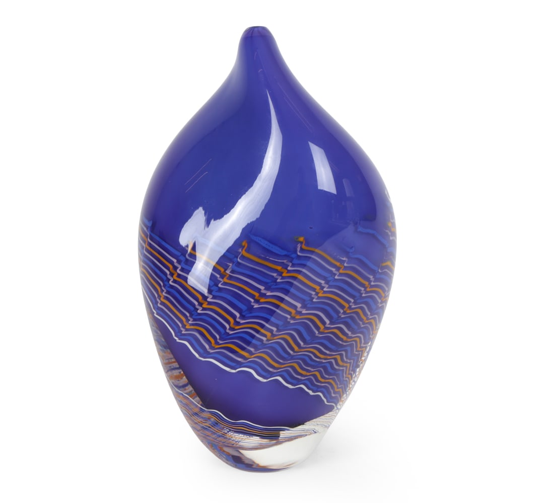 ALEX ANDREANI ART GLASS VASE: Alex Andreanni studio art glass vase with wave decoration. Signed and dated "Alex Andreani, 2003" underneath. Dimensions: H 10.5" x W 6" x D 4.5" Condition: With light scuffs underneath and handling w
