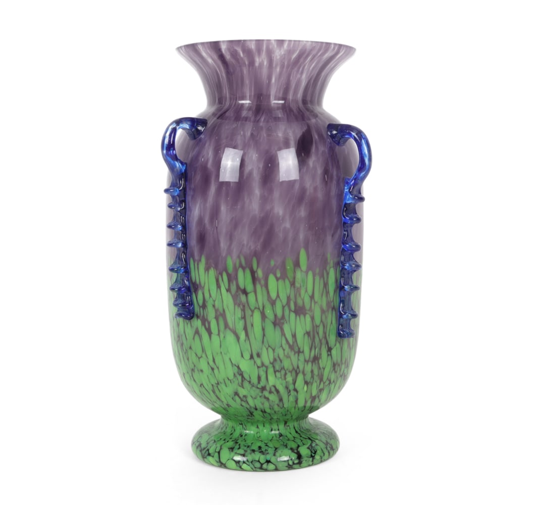 CZECH ART DECO ART GLASS VASE: Hand blown glass vase with cobalt blue handles. Dimensions: H 9.25" x W 4.25" x D 4.25" Condition: Scuffs to base. Wear consistent with use and age.