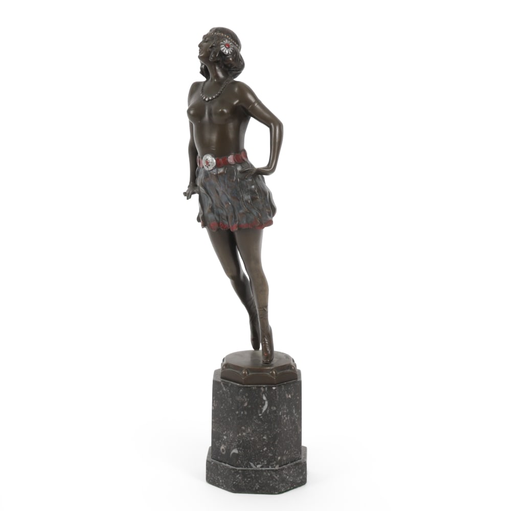 JOSEF LORENZL (AUSTRIAN, 1892-1950) BRONZE: Cold painted bronze sculpture depicting a dancer on marble base. Signed "J. Lorenzl", numbered "5044" and stamped "Goldscheider 21" to base. Provenance: Originally purchased at Antiquers III in 1995 f