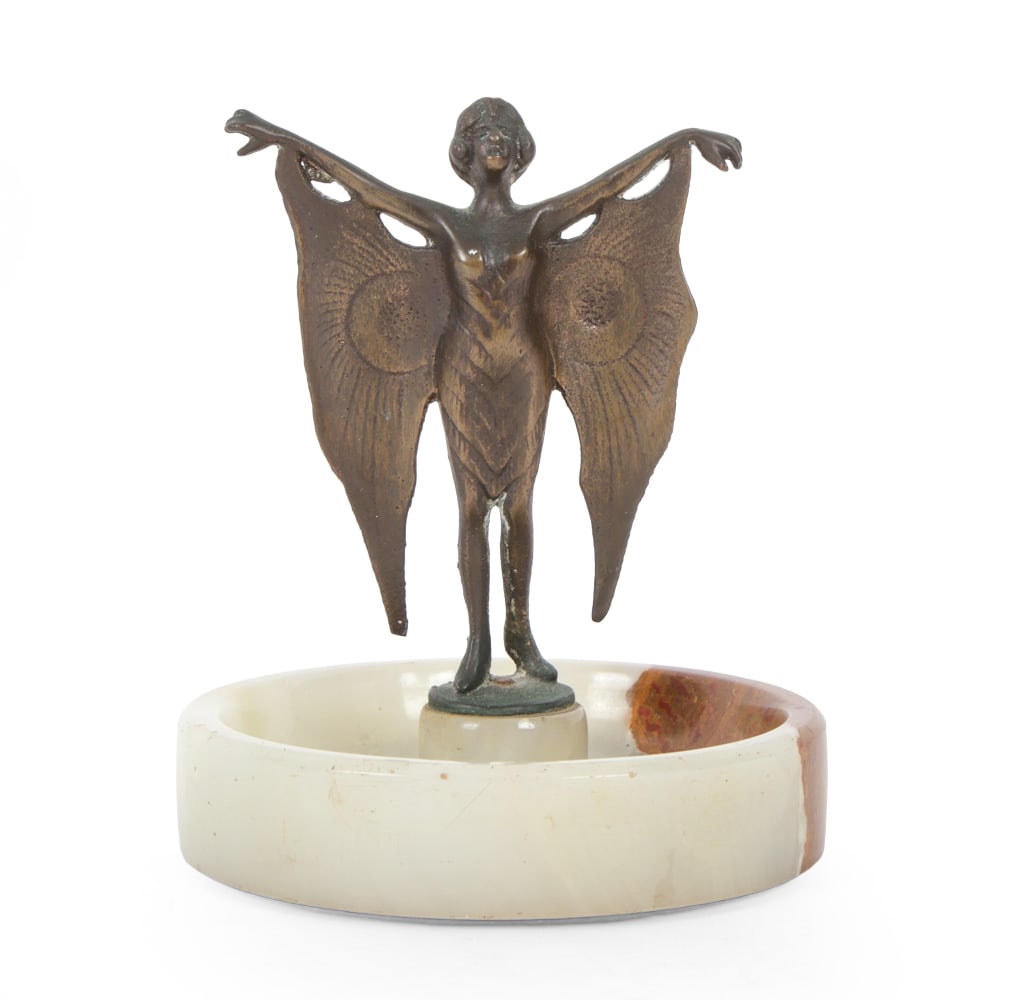 ART DECO BRONZE "BAT GIRL" SCULPTURE ON ONYX BASE: Bronze on onyx dish base. Circa 1930s. Dimensions: H 5" x Dia. 4" Condition: Showing wear including patina to bronze. Wear consistent with age.