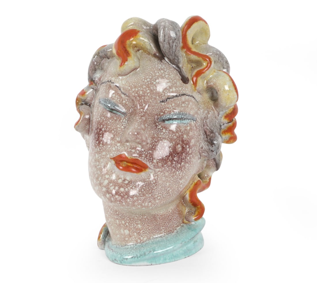 ITALIAN DECO LADY HEAD CERAMIC SCULPTURE C. 1930S: Vintage art deco style ceramic figural lady head stylized female with curled hair accented in orange and gray glazes. Numbered 475 underneath. Originally purchased in 1997 for $410. Dimensions: H 8.5"