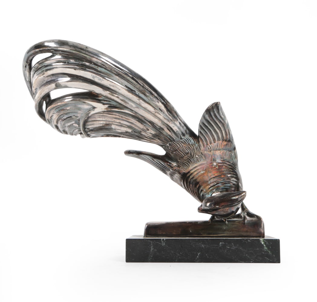 ART DECO SILVERPLATE BIRD SCULPTURE C. 1930S: Silverplated bird on marble base. Circa 1930s. Dimensions: H 7.5 " x W 8.5 " x D 5.5 " Condition: Wear consistent with age and use. Tarnish and scratches.