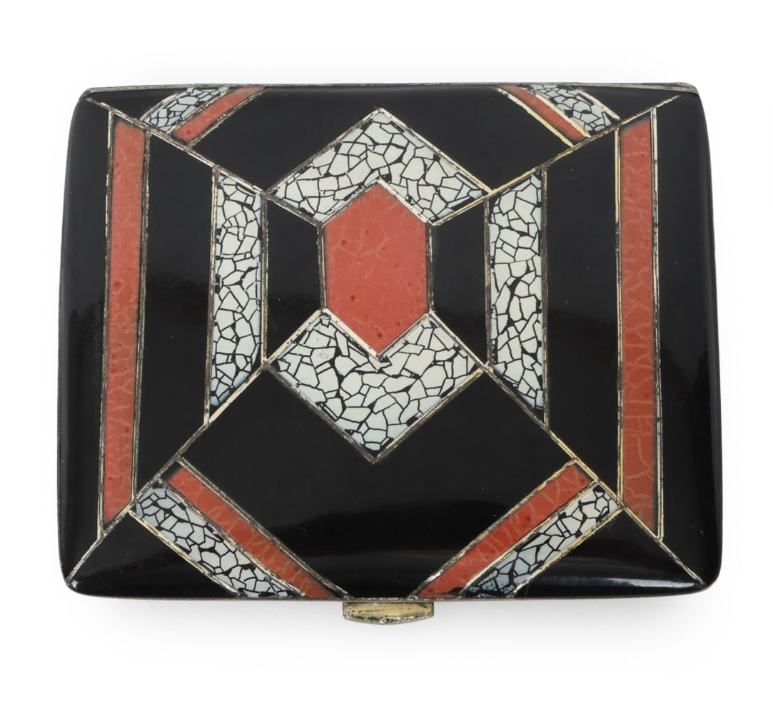 GERMAN ART DECO ENAMEL CIGARETTE CASE C. 1920S: Germany, circa 1920s. Dimensions: H 2.75" x W 3.25" Condition: Wear consistent with age and use. Light finish loss to details. Scuffs, patina.