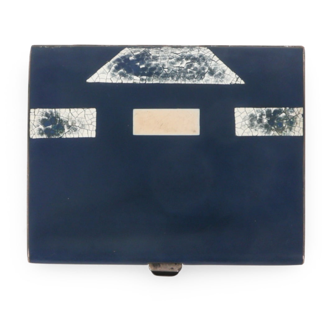 ART DECO SILVER ENAMEL CIGARETTE CASE C. 1920S: Circa 1920s. No markings most likely silverplate Dimensions: H 2.75" x W 3.5" Condition: Wear consistent with age and use. Finish loss to details, tarnishing.