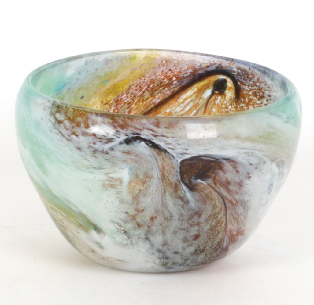 KIMBALL TRUMP SIGNED ART GLASS BOWL: Hand blown art glass bowl with swirling muti-color decoration. Signed Kimball E. Trump and dated 1993 underneath. Dimensions: H 3.5" x Dia. 5" Condition: With light handling marks.