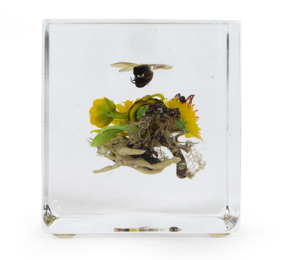 PAUL J. STANKARD (B. 1943) BOTANICAL PAPERWEIGHT: Pineland Pickerel botanical block paperweight. Features a bee, ant, spirit and floral arrangements. Signed, dated 1998 and numbered C-29. Provenance: Originally purchased at Skinners Inc, The Heritage