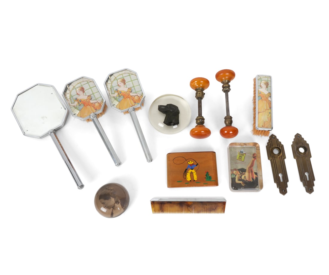ART DECO GROUPING INCL. VANITY SET: Includes 5 piece vanity set with 4 combs/brushes and one mirror. Silver-toned fluted metal handles with elegant woman in a ball gown on back. Also includes brass and bakelite door knobs, reverse paint