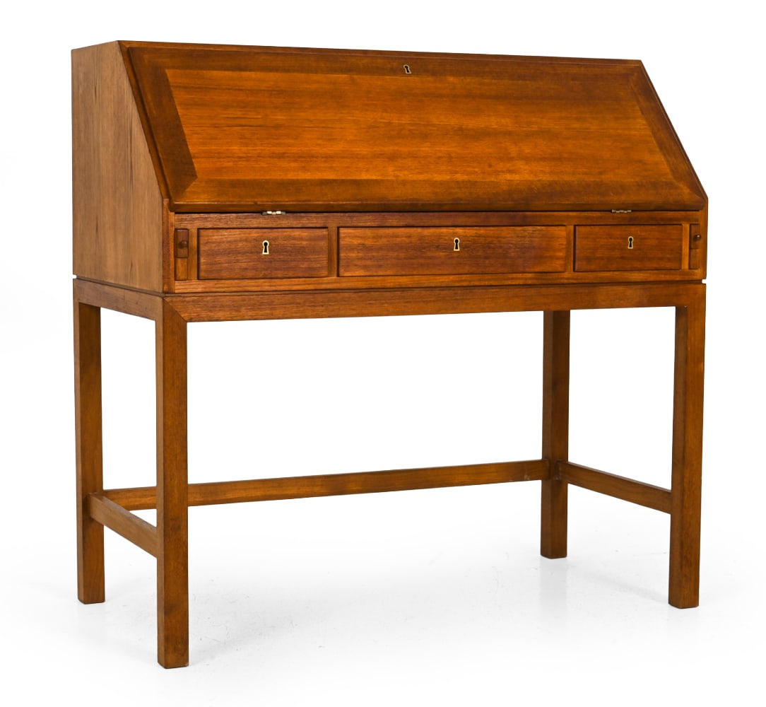 KAI WINDING STYLE DANISH TEAK SECRETARY DESK 1960S: Key included. Teak Secretary desk with slant front writing surface. Circa 1960s. Dimensions: H 39'' x W 39.5'' x D 21" Condition: Light surface wear consistent with age and use.