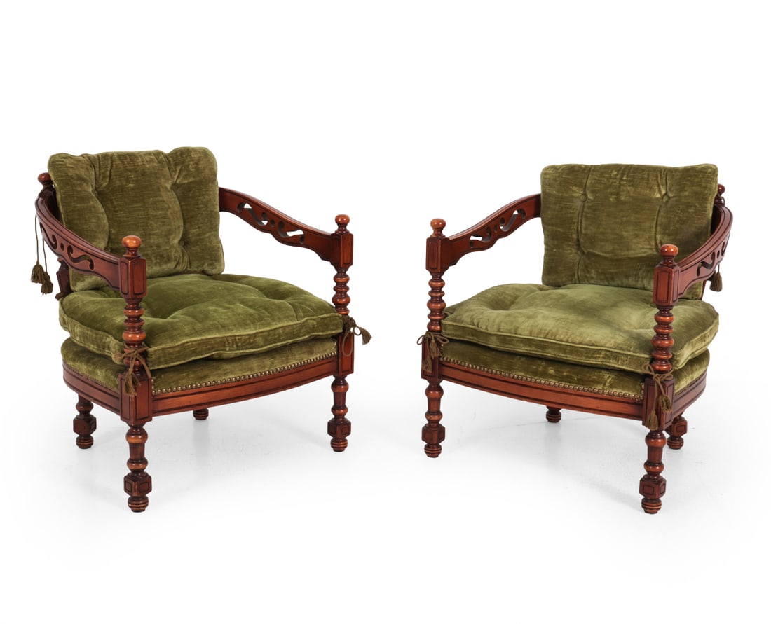 PAIR OF GIORGETTI GALLERY 1975 LOUNGE CHAIRS: Beech frame with turned legs and scroll cutouts on back and sides. Nail head mohair upholstery with rope ties to attach cushions. Italy, circa 1970s. Dimensions: H 28" x W 26" x D 23" SH 15.5"