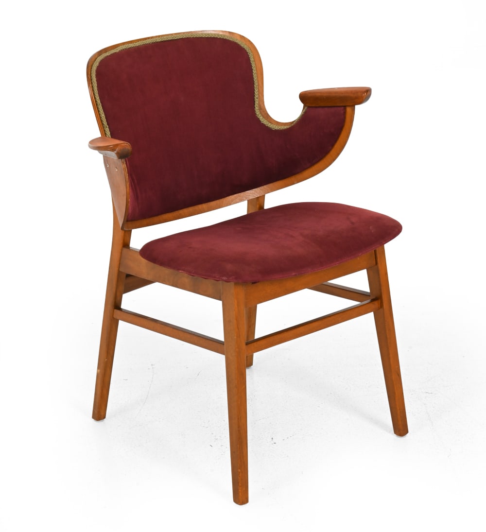 HANS OLSEN FOR BRAMIN MOBLER TEAK ARMCHAIR C.1950S: Apparently unmarked. Teak with curved wood shell and upholstery with trim. Model "107 Shell Armchair". Denmark, circa 1950s. Dimensions: H 32'' x W 26'' x D 18"x SH 18'' Condition: Minor scuffs. Sun f