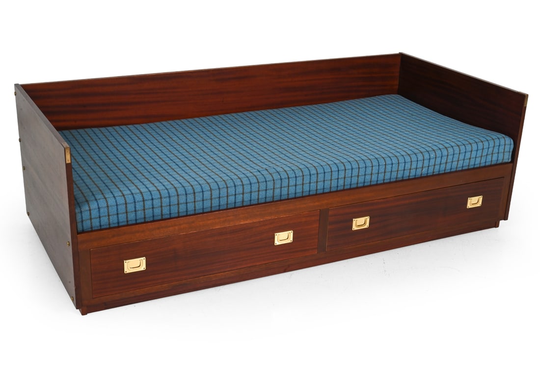 SCANDINAVIAN MAHOGANY DAYBED C. 1970S: Mahogany daybed with (2) storage drawers and woven blue plaid upholstery. Scandinavian, circa 1970s. Dimensions: H 25'' x W 76.5'' x D 36" x SH 16" Condition: Chips, scratches and scuffs to wood. Wear