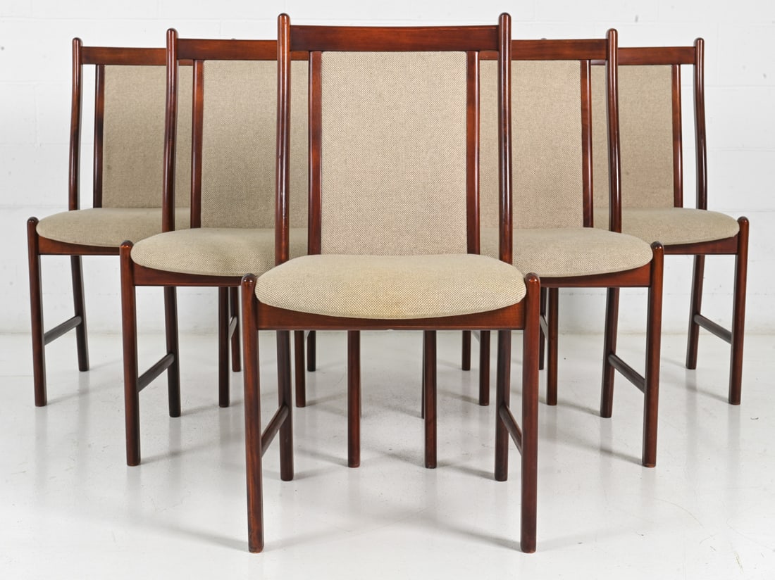 (6) FARSTRUP MOBLER BEECH DINING CHAIRS C. 1970S: Marked underneath. Beech frame with woven upholstery seat and back. Denmark, circa 1970s. Dimensions: H 35.25''x W 19.5''x D 18''x SH18 '' Condition: Some faint scratches. Minor scuffs. Wear consisten