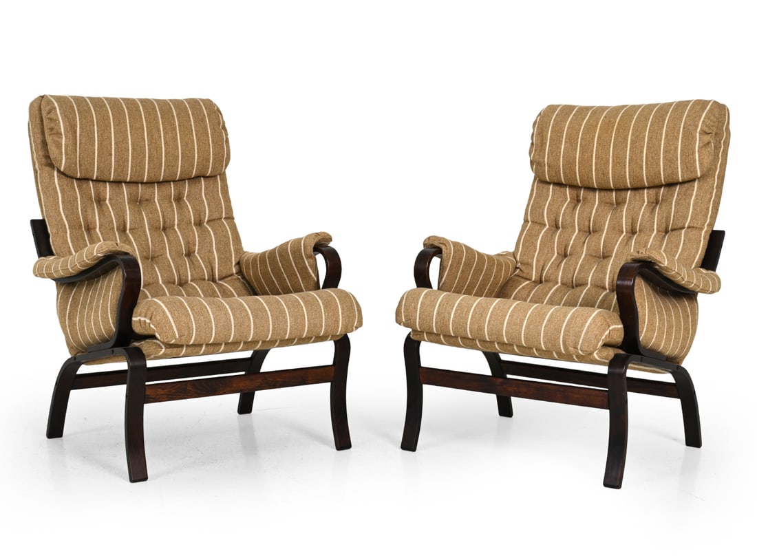 PAIR DANISH BENTWOOD LOUNGE CHAIRS: Beech frame with striped tufted wool upholstery. Scandinavia, circa 1970s. Dimensions: H 38'' x W 29'' x D 34" x SH 18" Condition: Light surface wear consistent with age and use. JE135