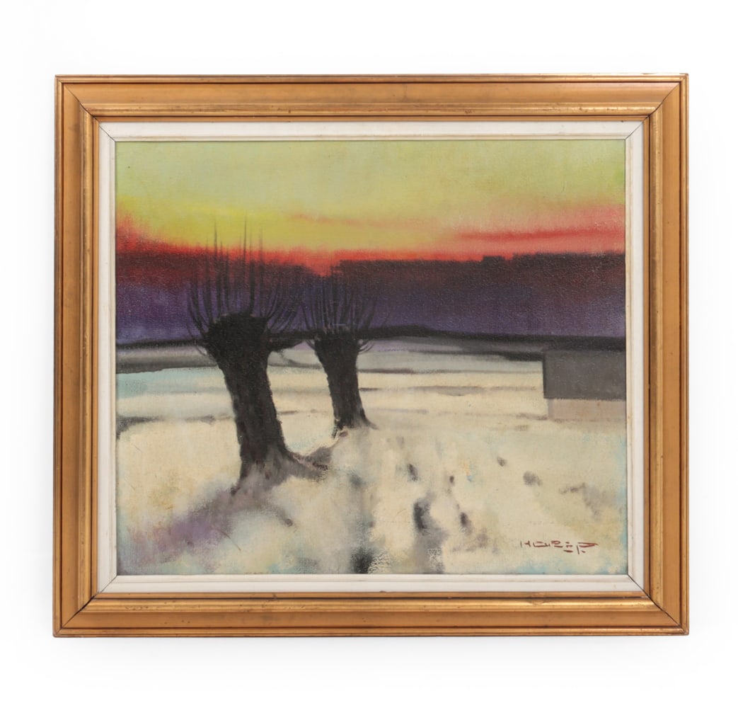 KNUD HORUP (DANISH,1926-1973) MODERNIST LANDSCAPE: Signed lower right. Biography label in verso. Oil on canvas. Dimensions: (Frame) H 30.25" x W 34" x (Sight) H 23.5 " x W 27.5" Condition: Wear consistent with age. Soiling, minor craquelure to surface