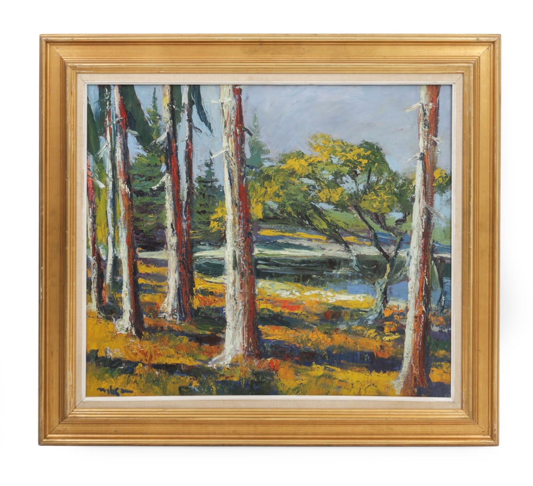 SCANDINAVIAN FOREST LANDSCAPE O/C PAINTING: Indistinctly signed bottom left corner. Oil on canvas. Dimensions: (Frame) H 31" x W 34.5" x (Sight) H 23.25" x W 27.25" Condition: Wear consistent with age. Scuffs, dings to frame. Slightly loose in 