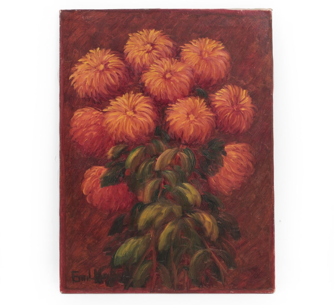 DANISH STILL LIFE WITH CHRYSANTHEMUMS O/C PAINTING: Indistinctly signed lower left. Oil on canvas. Unframed. Dimensions: H 26" x W19.5 " Condition: Wear consistent with age. Minor paint loss to surface, light rubs to corners.