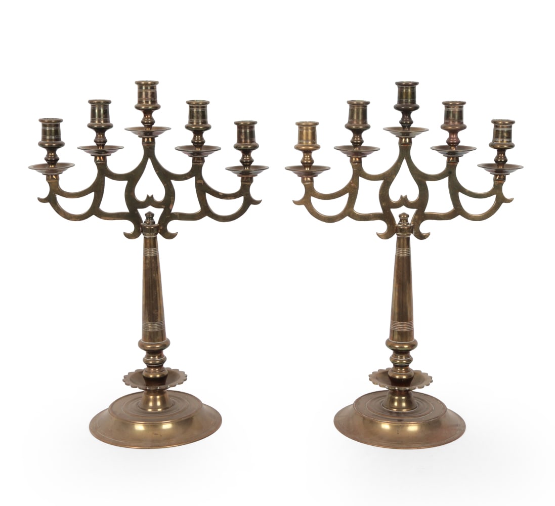 PAIR OF DANISH BRASS CANDLEHOLDERS C. 1880S: Pair of Danish brass five arm candelabras. Circa 1880s. Dimensions: H 18.5" x W 12.5" x D 7.5? Condition: Patina, scratches and watermarks to brass. Wear consistent with age and use. JE095