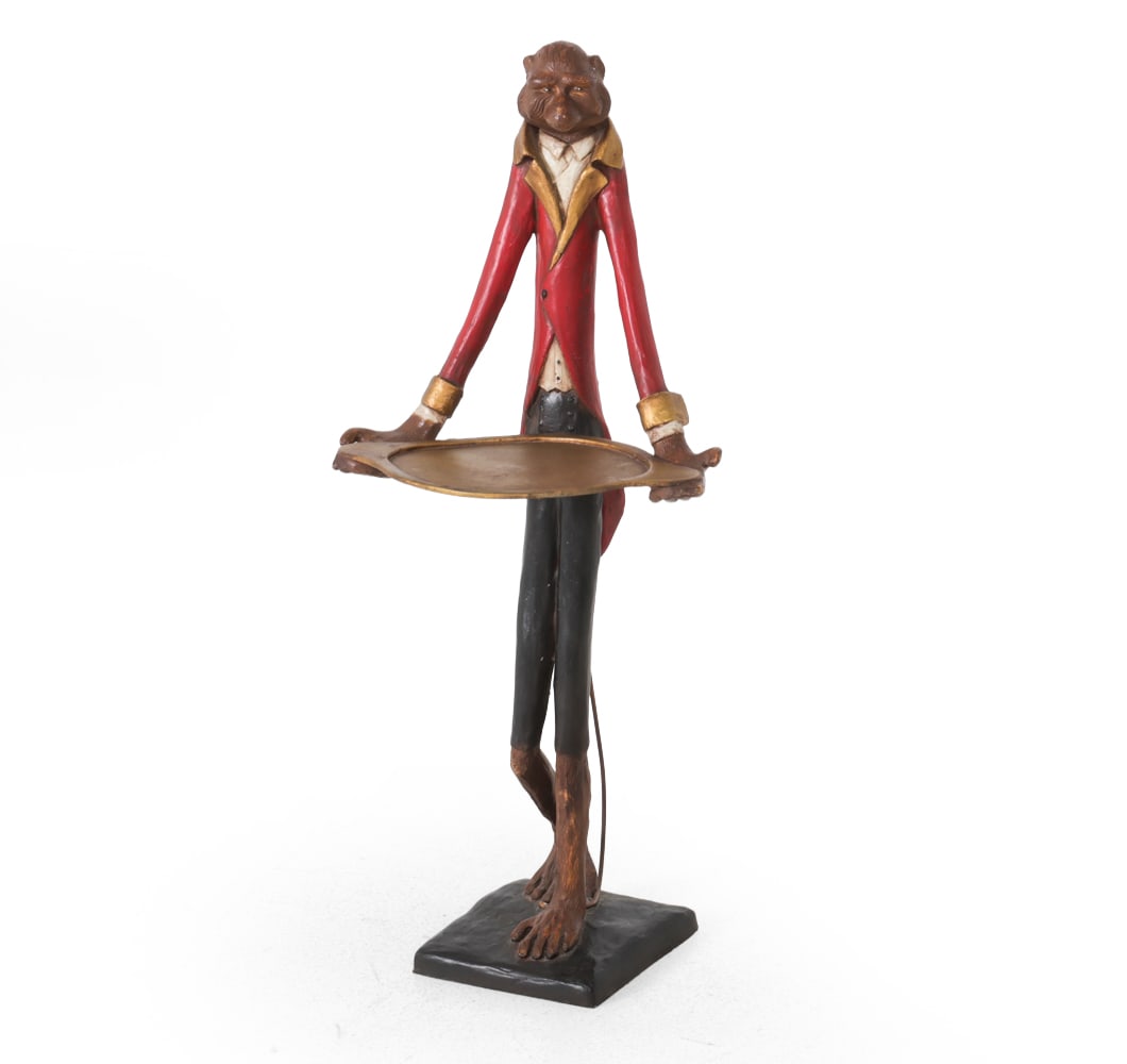 BILL HUEBBE MONKEY BUTLER STAND 1993: Signed and dated 1993. Dimensions: H 33" x W 14.5" x D 14.5" Condition: Scuffs and some scratches. Wear consistent with age and use.