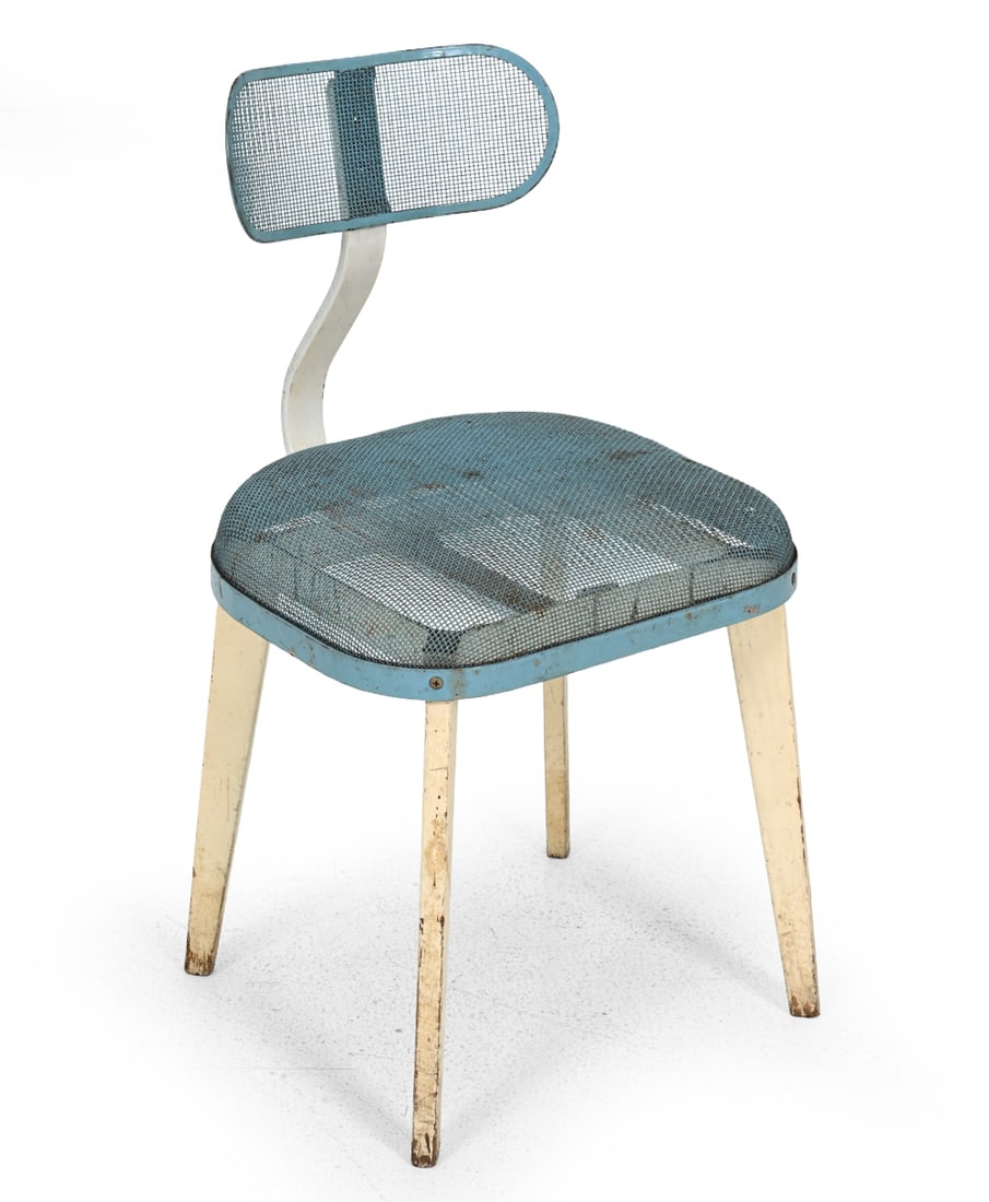 HORTON TEXTEEL IRONER CHAIR C. 1940S: Marked to back of seat. Steel mesh seat and back. Legs are tapered wood.Originally to be used with the Horton company electric home laundry ironers. Circa 1940s. Dimensions: H 29.5''x W 17''x D 19''