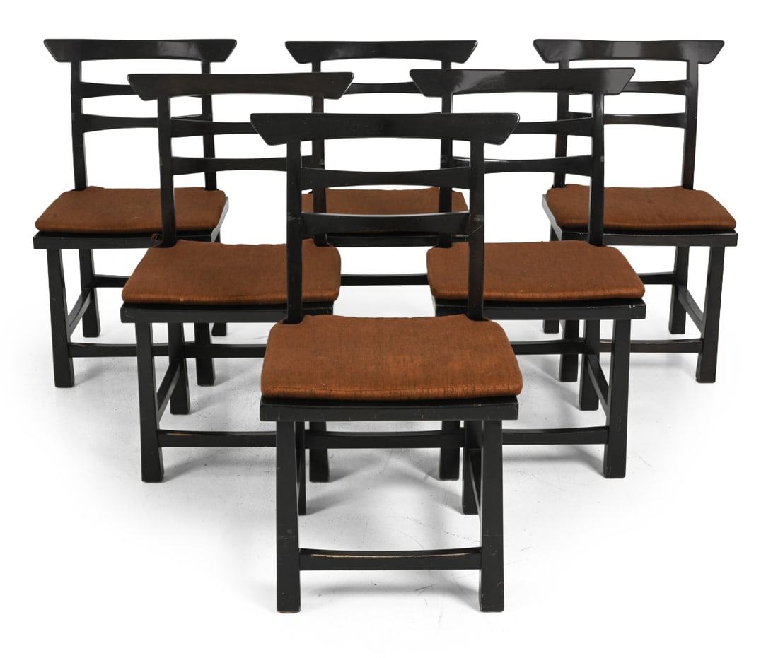 (6) MARIA YEE CHINESE STYLE DINING CHAIRS: Marked underneath. Black finished wood. Chairs constructed using traditional joinery techniques from the Ming Dynasty. Comes with two sets of cushions, brown and cream. Dimensions: H 37'' x W 20'' x