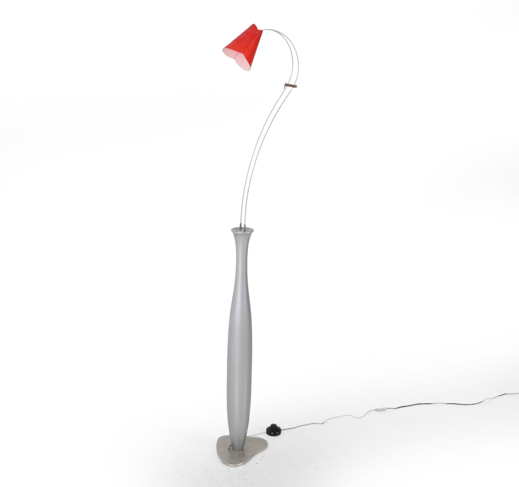 DAVID D'IMPERIO FLOOR LAMP: Possibly the "Virosa" model. Sculptural metal base and neck with red plastic shade. Marked near base. 20th century. Dimensions: H 63? x W 8? x D 12? Condition: Scuffs and wear of finish at base.