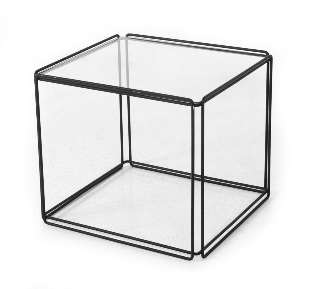 MAX SAUZE ISOSCELES SIDE TABLE FOR ATROW C. 1970S: Max Sauze "Isosceles" side table for Atrow, France, with a geometric enameled steel wire frame and inset glass top. Circa, 1970s. Dimensions: H 17.5" x W 20.25" x D 19" Conditions: Showing signs of