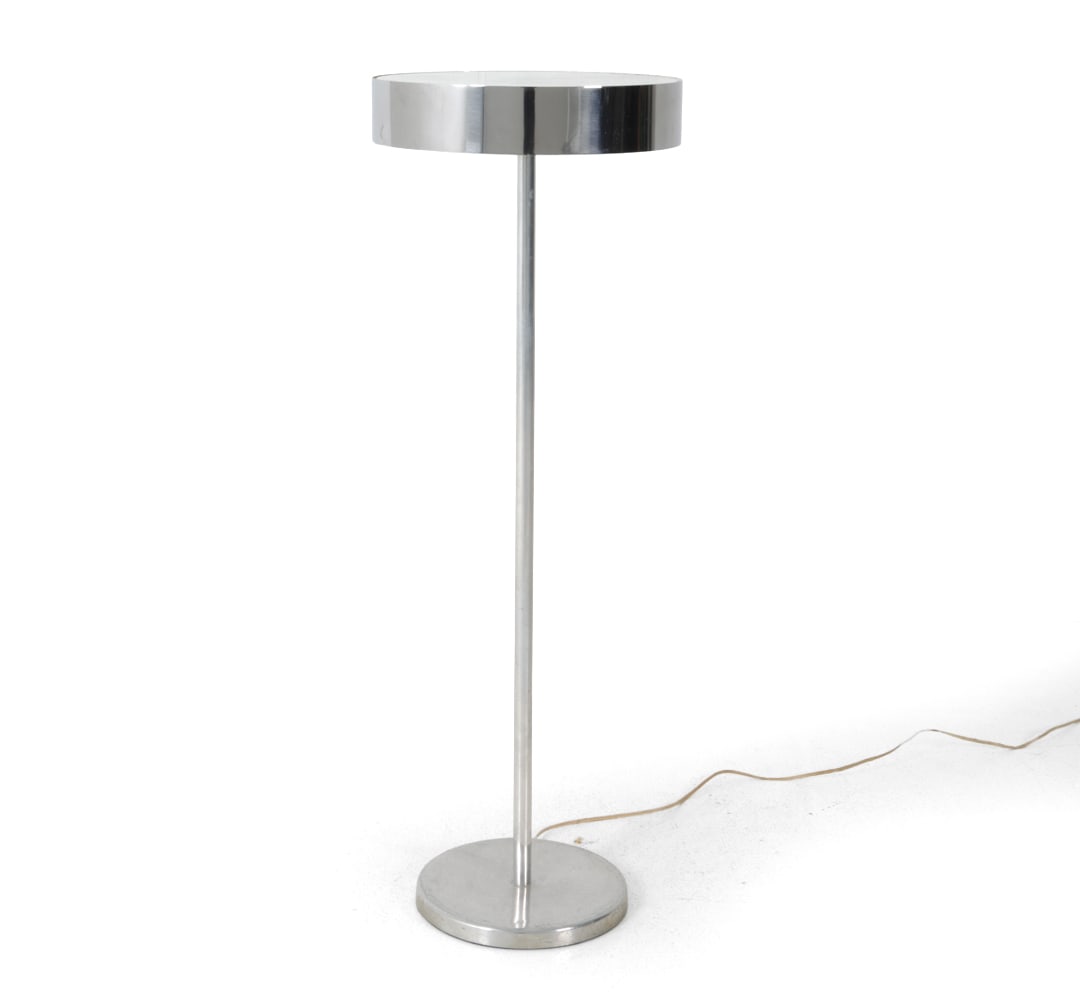 MID CENTURY CHROME FLOOR LAMP C. 1970S: Mid century floor lamp with glass top and chrome plated metal, marked to bottom "S-2". Circa 1970s. Dimensions: H 39? x W 13? Condition: Discoloration and some scuffs, wear consistent with age and use