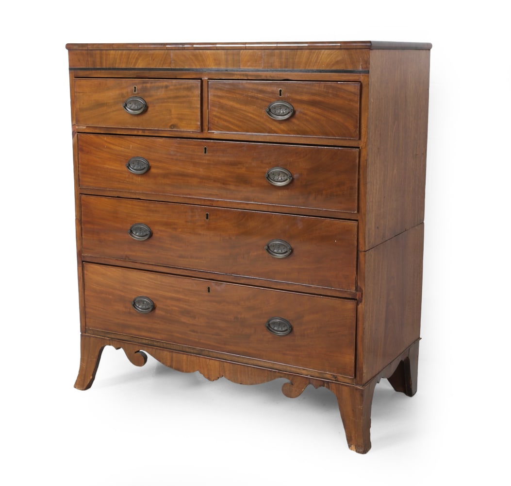 19TH C. GEORGIAN STYLE MAHOGANY CHEST OF DRAWERS: Tag remnant to back. Five-drawer chest with ornate brass pulls. 19th century. Dimensions: H 46'' x W 41'' x D 20" Condition: Wear consistent to age and use. Stress cracks, scratches, veneer loss,