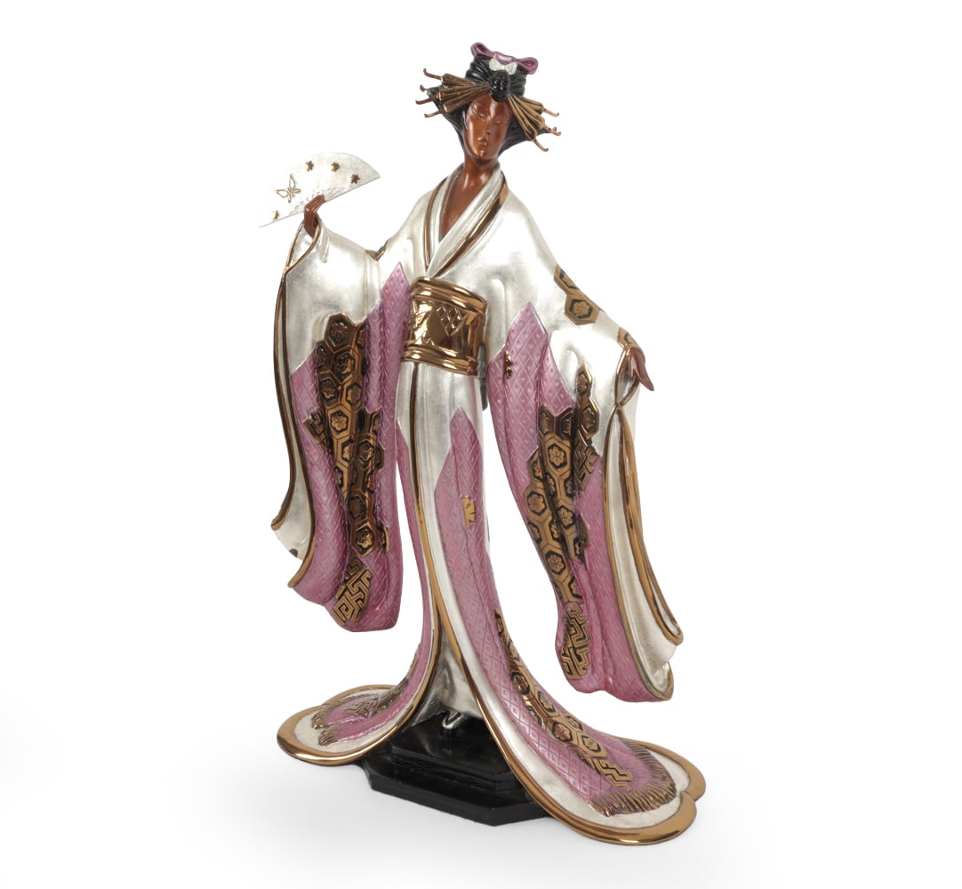 ERTE (RUSSIAN-FRENCH, 1892-1990) BRONZE SCULPTURE: Titled "Madame Butterfly". Cold painted and silver gilt bronze sculpture of an oriental style female figure. Limited edition, numbered 26/500 and dated 1989 on backside of base. Dimensions: H 18.5 "