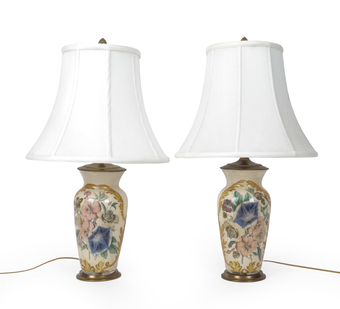 PAIR VICTORIAN STYLE DECOUPAGE GLASS TABLE LAMPS: The botanical paper cutouts are glued onto the surface beneath glass. Dimensions: H 25" x W 14.5 " Condition: Minor soiling, discoloration, and scuffs. Watermarks underneath the glass. Wear consistent
