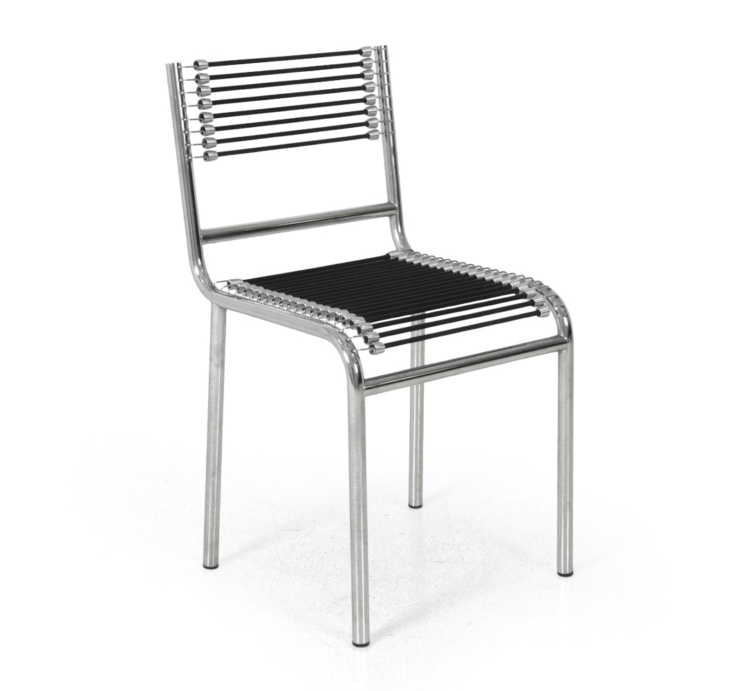 ATTR. RENE HERBST "SANDOW" CORD & CHROME CHAIR: Apparently unmarked. Chrome frame with bungee cord seat and back. Circa 1970s. Dimensions: 32'' x W 17 '' x D 18'' x SH 18.5" Condition: Wear consistent to age and use, some patina.