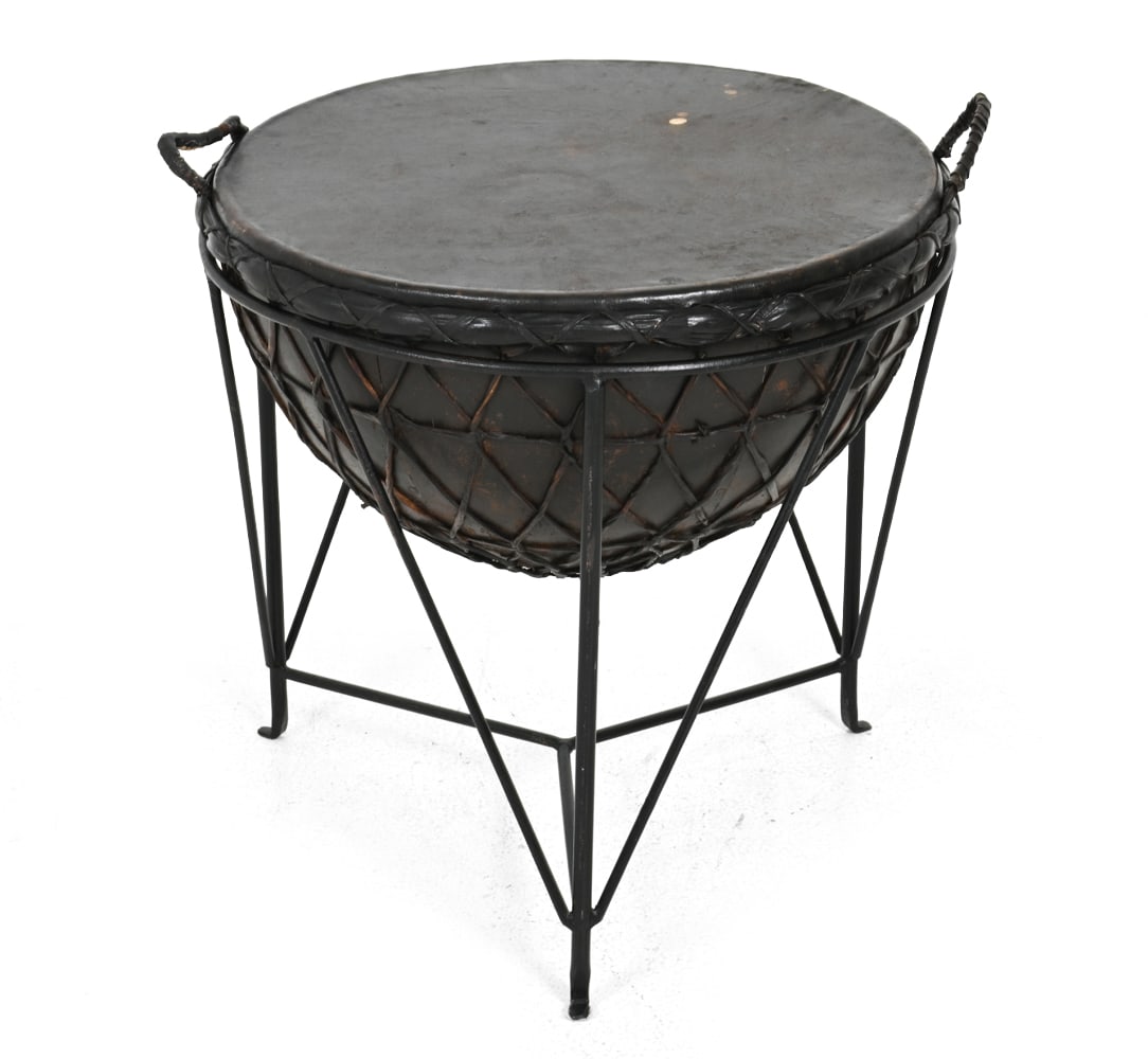 AFRICAN STYLE LEATHER & IRON KETTLE DRUM END TABLE (1 of 12)