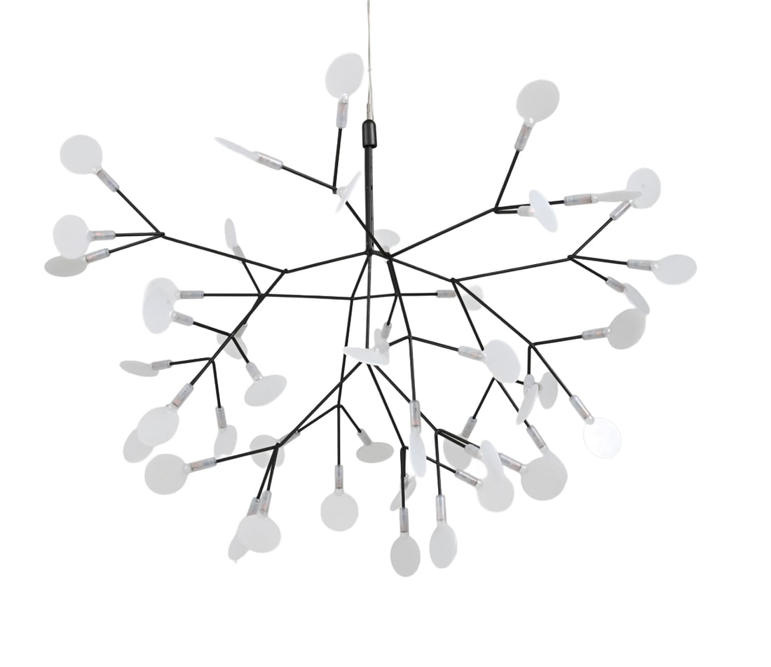BERTJAN POT FOR MOOOI HERACLEUM LED CHANDELIER: Branching LED chandelier in nickel finished frame and leaf shaped polycarbonate lenses with canopy. Dimensions: H 41" x DIA 32" Condition: Light surface scuffs. Wiring untested. Wear consistent with a