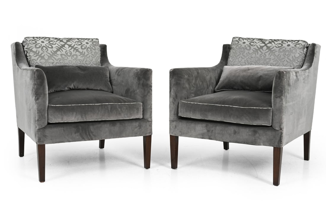 PAIR OF ROSE TARLOW MELROSE HOUSE VELOUR ARMCHAIRS: Velour with patterned upholstered back cushions and tapered wood legs. Marked underneath. Dimensions: H 36''x W 31''x D 39.5'' x SH 22" Condition: Fading and discoloration. Pulls/stains under cushions