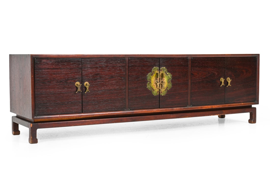CHINOISERIE STYLE ELMWOOD SIDEBOARD: Elmwood with Chinoiserie style brass cabinet pulls. 20th century. Dimensions: H 18'' x W 60'' x D 17" Condition: Showing signs of wear including scratches and water marks to finish. Loss of finish und