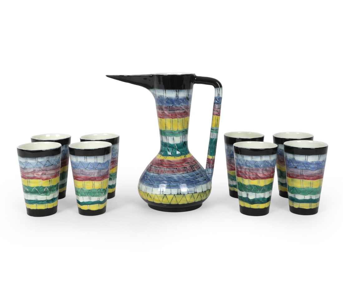 OTELLO ROSA SAN POLO VENEZIA ITALIAN LEMONADE SET: (9) Total. Includes (8) cups and pitcher. Marked underneath "San Polo Venezia Italy 0/403-4". Designed by italian artist Otello Rosa for San Polo in Venice, Italy. . Dimensions: (Largest) H 11.5" x W 