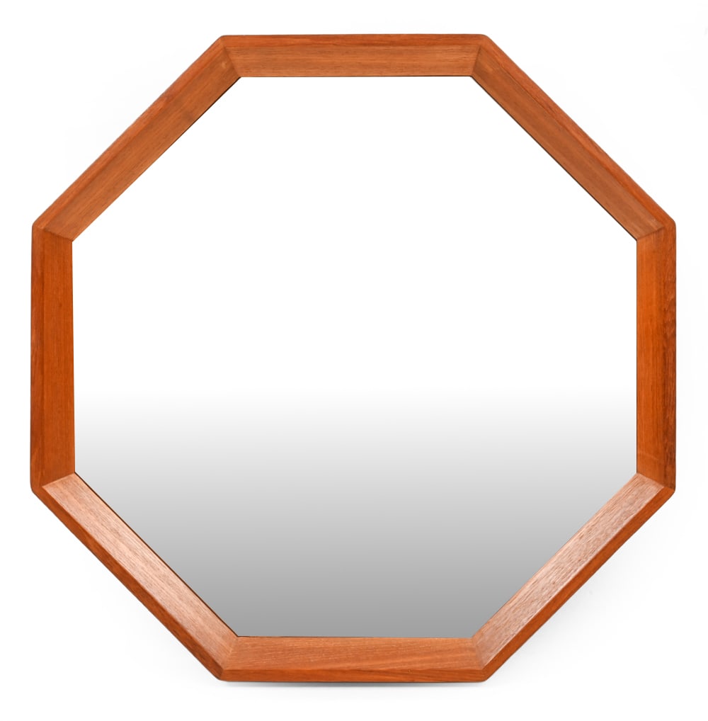 JENSEN SPEJLE DANISH OCTAGONAL WALL MIRROR: Teak frame with recessed mirror. "Made in Denmark" Stamp on back. Circa 1960s. Dimensions: H 16.75" x W 16.75" x D 1.75" Condition: Wear consistent with age.