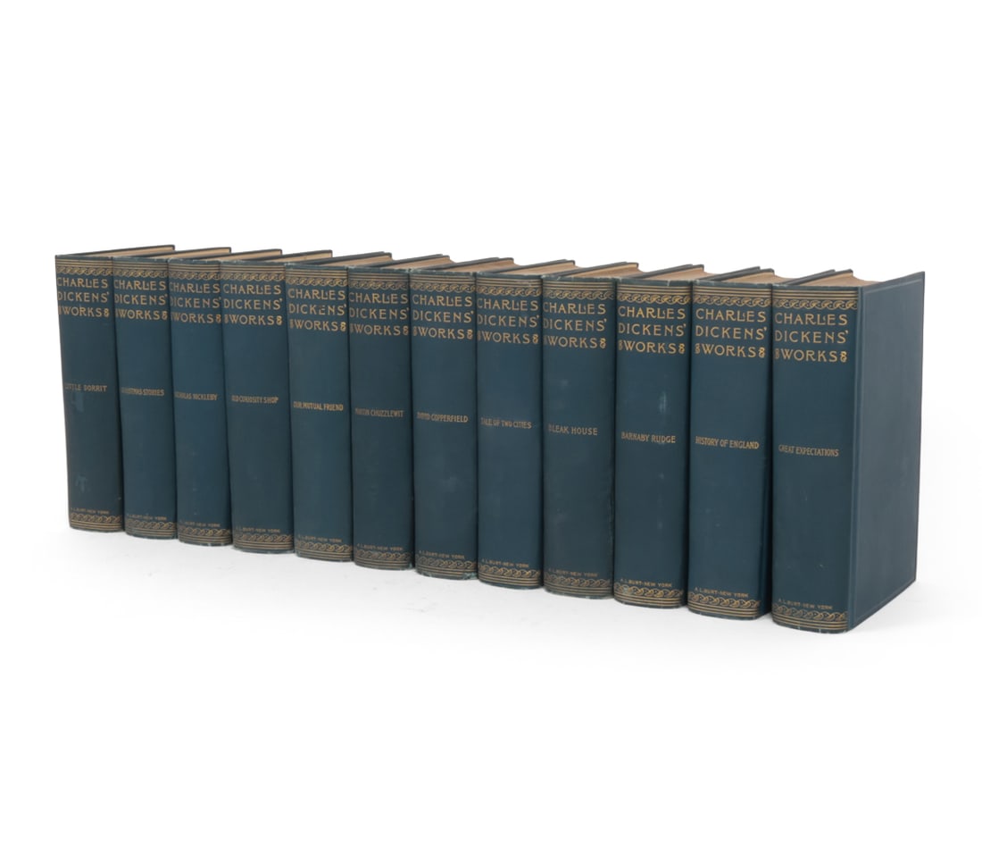 CHARLES DICKENS WORKS VOLUME SET: (12) volumes of Charles Dickens(1812-1870) Works, published by A.L. Burt Company. Dimensions: H 7.75" x W 5.5" x D 2" Condition: Minor edge wear and rubbing to spine bindings. Toning. Wear consistent