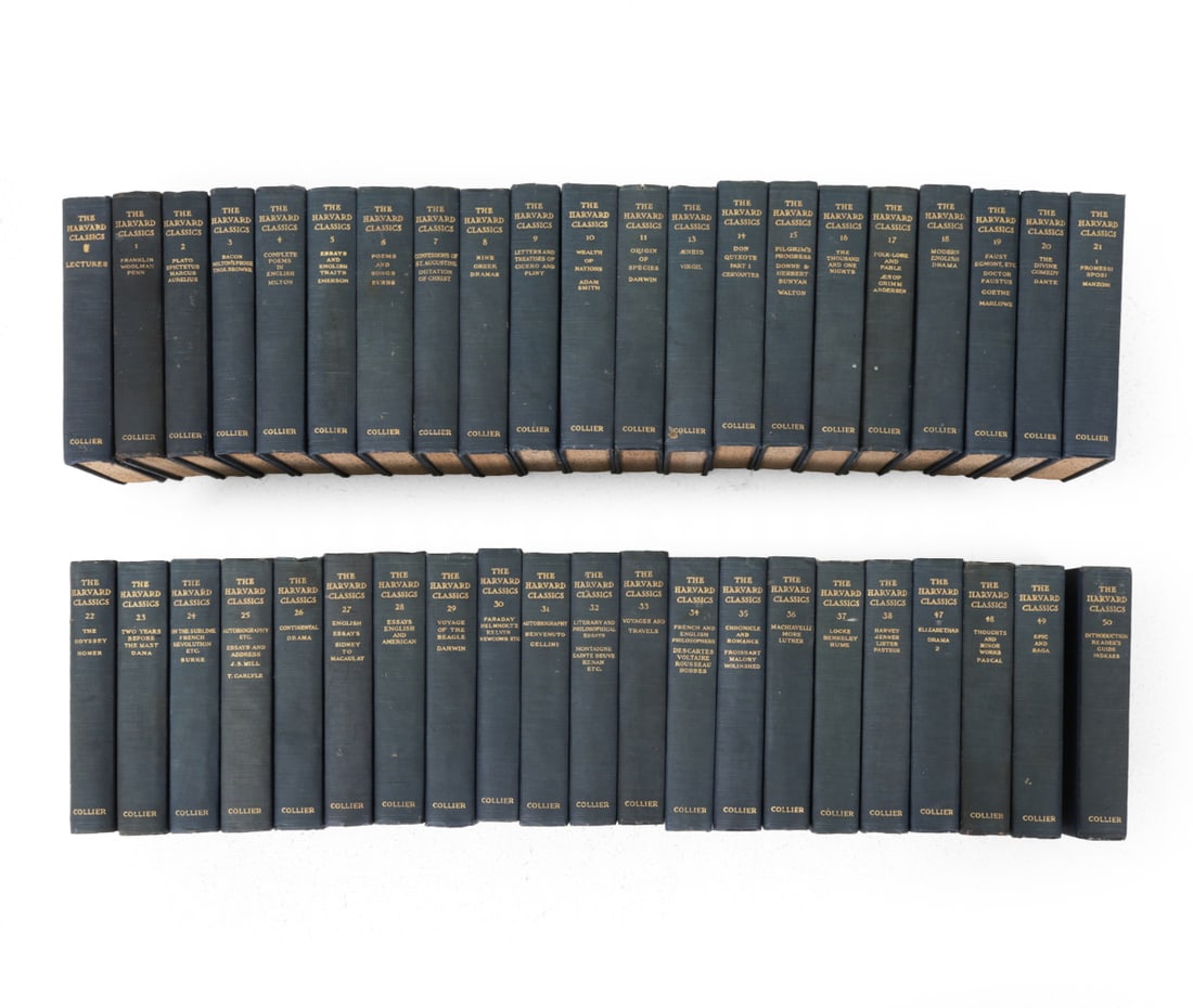 P. F. COLLIER HARVARD CLASSICS VOLUME SET 1910: (42) Partial set of The Harvard Classics, edited by Charles W. Eliot(1834-1926) and published by P..F. Collier & Son. Missing volumes 39-46. Dimensions: H 8" x W x 5.25" x D 1.5" Condition: Rubbing