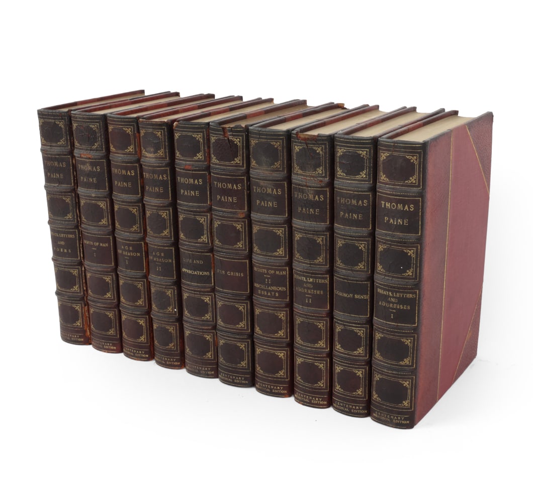 THOMAS PAINE LEATHERBOUND VOLUME SET 1915: (10) volume Life and Writings of Thomas Paine(1737-1809) Centenary Memorial Edition, edited by Daniel Edwin Wheeler. Dimensions: H 9" x W 6.5" x D 1.5" Condition: Edge wear to leather bindings.