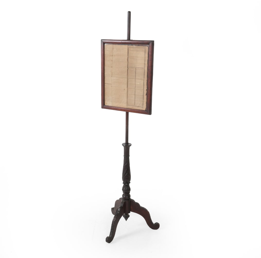 WASHINGTON' S DEATH NEWSPAPER IN POLE SCREEN 1800: Mahogany pole screen containing January 4, 1800 edition of the Ulster County Gazette discussing George Washington's death. Dimensions: H 64" x W 16" x D 18" Condition: Wear consistent with age and