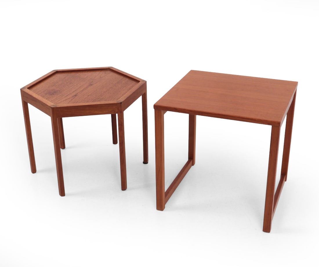 TEAK SIDE TABLES INCL. HANS ANDERSEN ARTEX: (2) side tables. Marked underneath. Denmark, circa 1960s. Dimensions: H 16.25" x W 16.75? x D 16? Condition: Hexagonal table with water mark to top. Few scratches and scuffs to finish. Wear