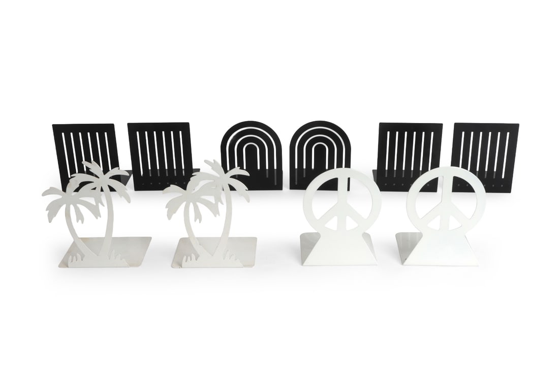 VINTAGE SPECTRUM DIVERSIFIED DESIGNS BOOKENDS: (10) grouping of vintage Spectrum diversified Designs steel bookends in assorted geometric and figural forms, including palm tree bookends by Randall Schwartz for Moxie. Apparently unmarked. 20th