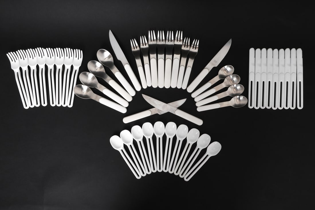 DANSK JENS QUISTGAARD SUMMERHOUSE FLATWARE: Grouping of Dansk Summerhouse flatware and also camping forks, spoons and knives from IDG Marketing. All marked. Dimensions: (Knife) L 8.5" Condition: Surface marks, scuffs, scratches. Wear