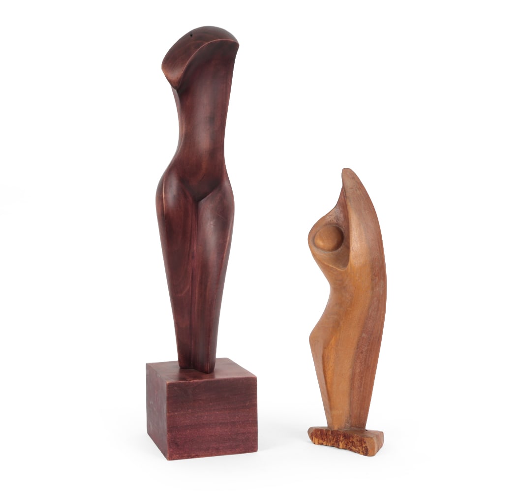 MID-CENTURY CARVED WOOD SCULPTURES: Abstract carved figures. Smaller sculpture indistinctly signed underneath. Mid 20th century. Dimensions: H 18 " x W 4" x D 4.5 " Condition: Wear consistent with age. Scratches and couple dings. Base