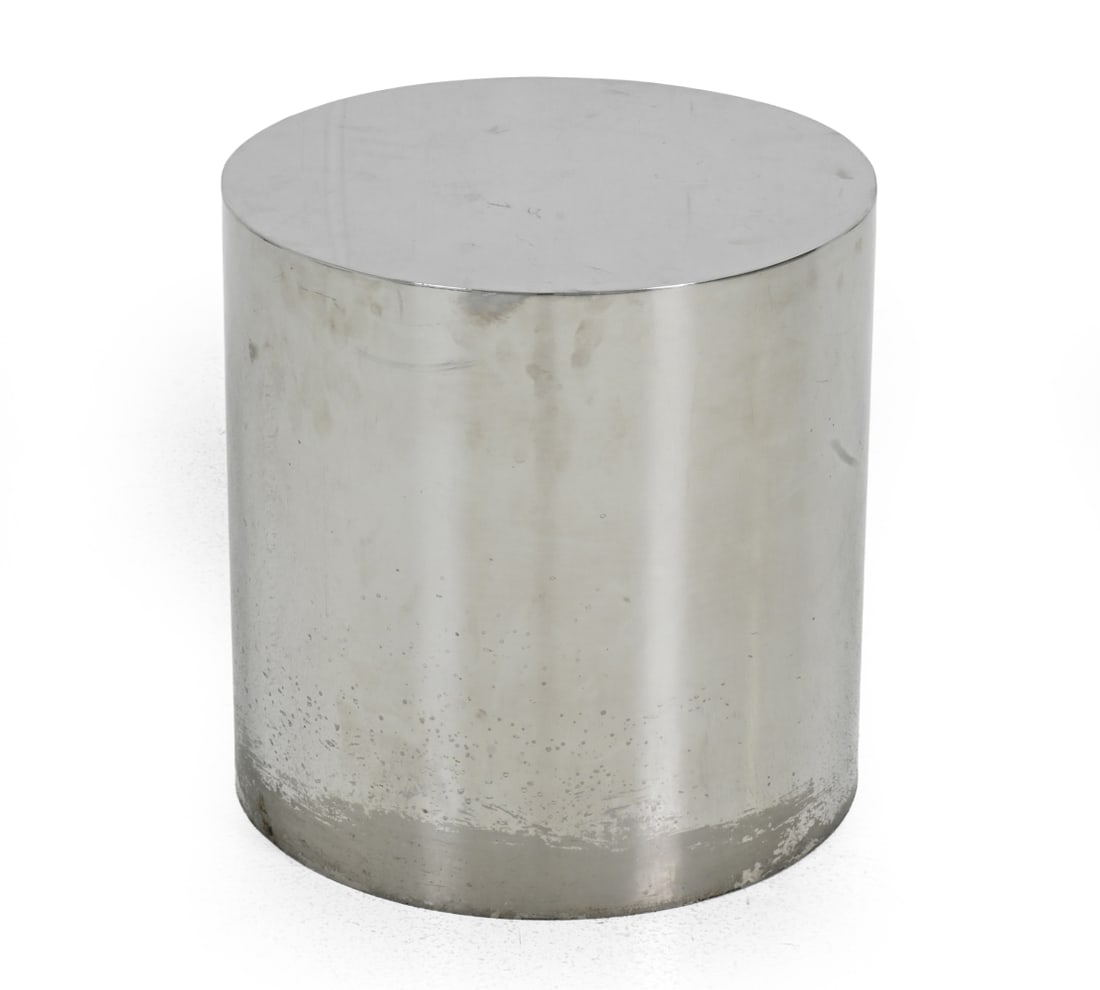 PAUL MAYEN STYLE ITALIAN POLISHED STEEL DRUM TABLE: Marked "Inox Veneta" underneath. Welded steel drum table. Italy, circa 1970s. Dimensions: H 15.25'' x DIA 15" Condition: Scuffs, marks, discoloration, and oxidization. Light surface wear consistent