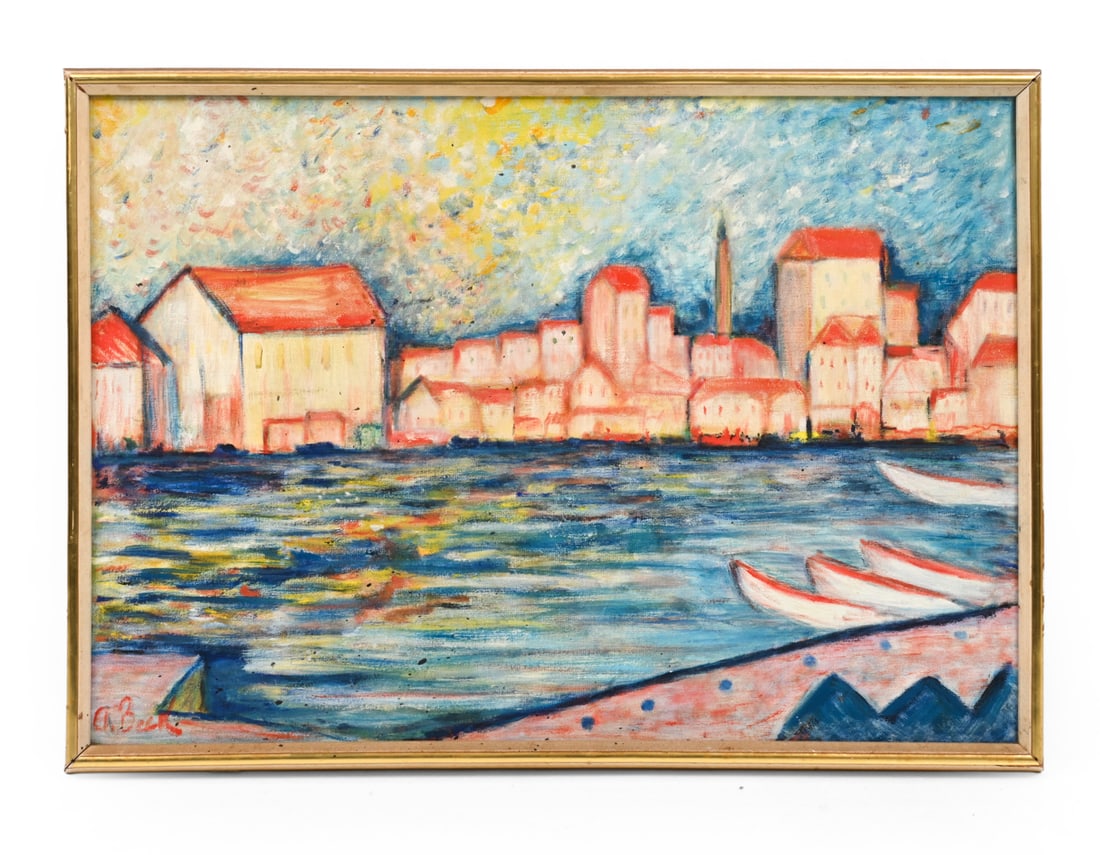 POST-IMPRESSIONIST HARBOR SCENE A/C: Acrylic on canvas harbor scene. Signed "A. Beck". 20th century. Dimensions: (frame) H 18" x W 25.2" (sight) H 16.7" x W 23.7" Condition: Scuffs to frame. Wear consistent with age.