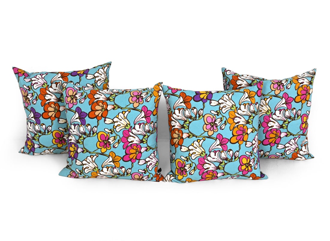 (4) MISSONI ITALIAN PILLOWS GROUPING: Made in Italy. With tags. Dimensions W 14'' x D 14" Condition: Minor fading . Some discoloration. Light surface wear consistent with age and use.